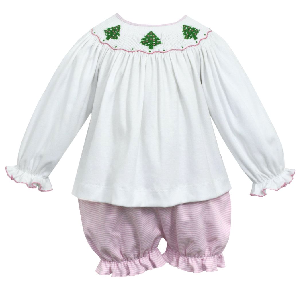 Pink Stripe Christmas Trees Bishop Blouse With Bloomers