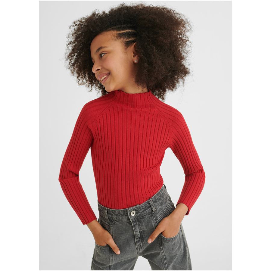 Red Ribbed High Neck Sweater