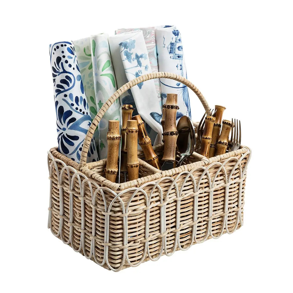 Provence Rattan Whitewash Silverware Caddy with Place for Napkins