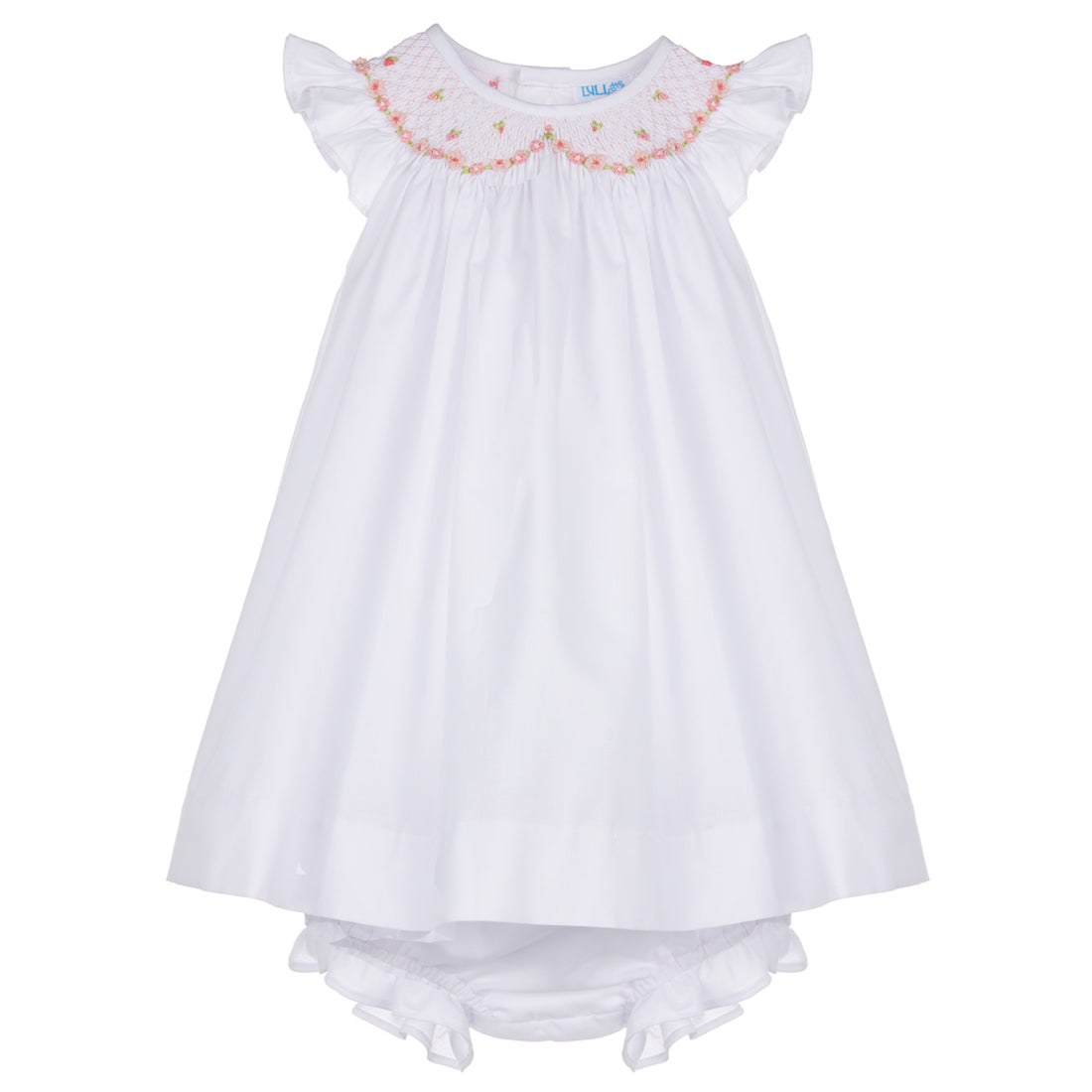 White & Pink Smocked Bishop Embroidered Dress