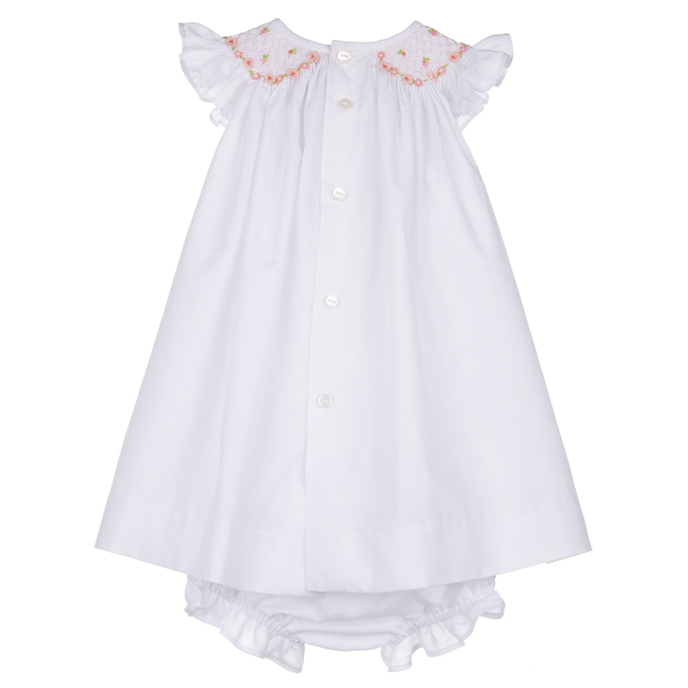 White & Pink Smocked Bishop Embroidered Dress