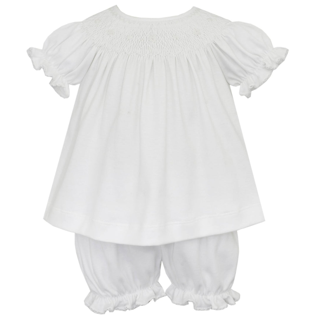 White Smocked Knit Lacey Bloomer Set