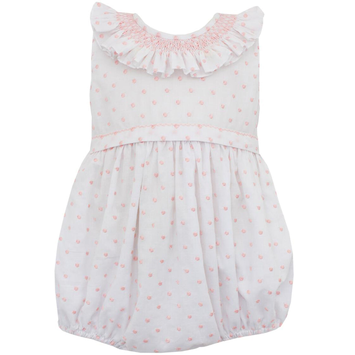 Pink Embroidered Dot On White Batiste Bubble w/ Smocked Ruffle Collar