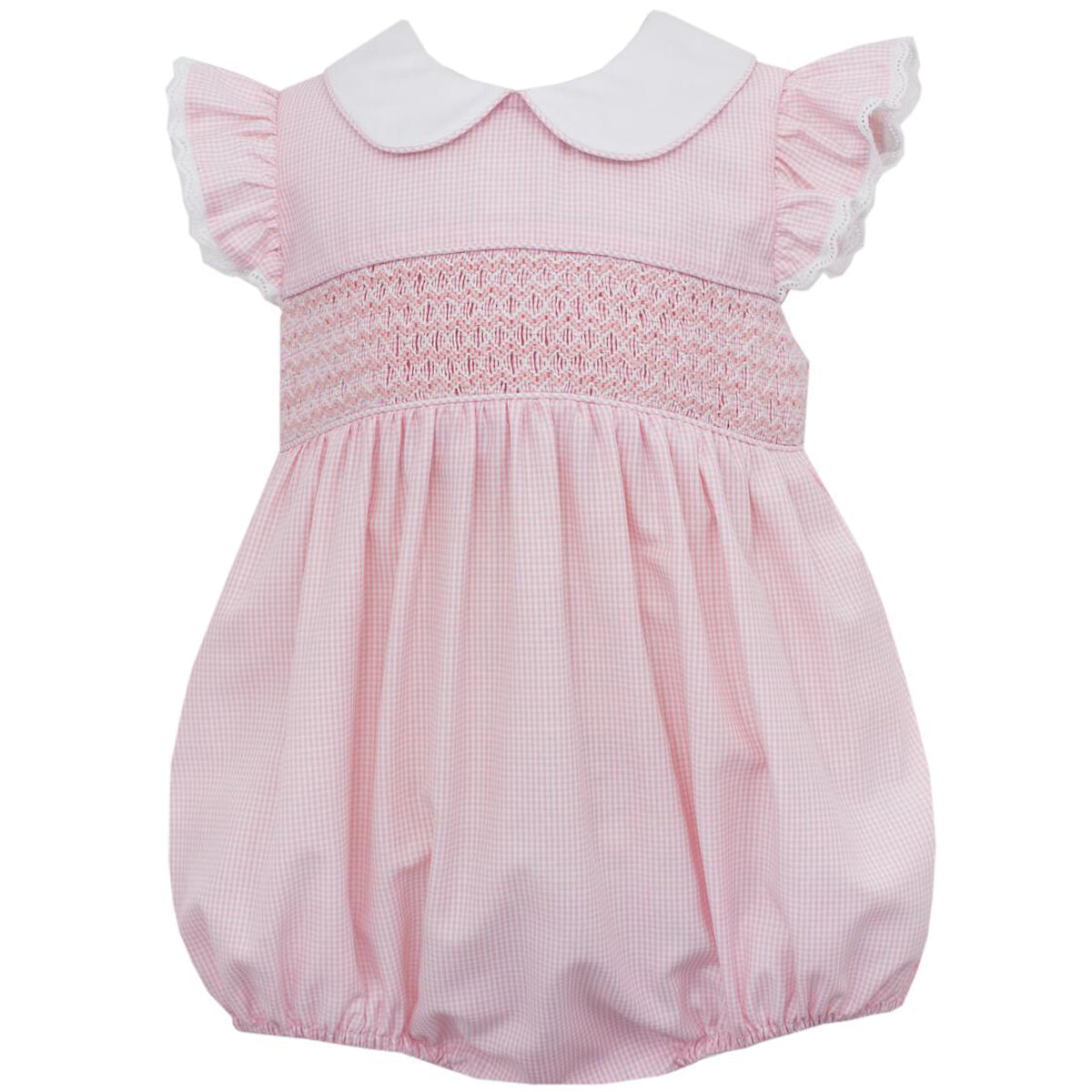 Smocked Pink Gingham Bubble W/ Ruffle Sleeves