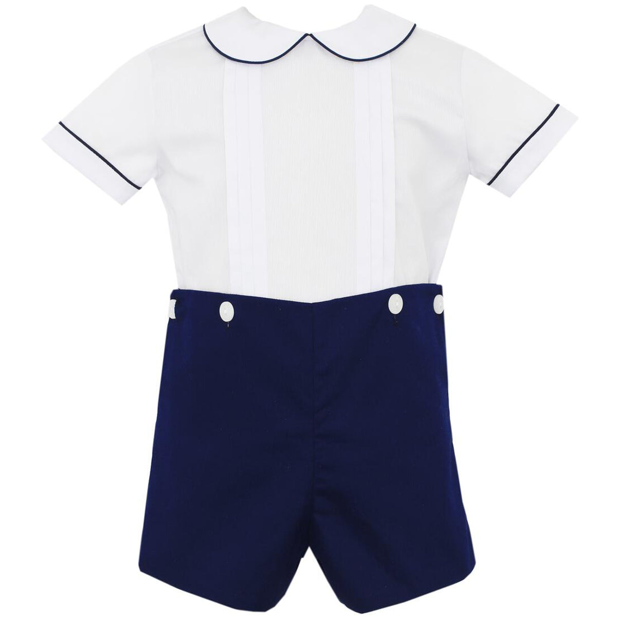 Navy Blue Pique Button On Shorts W/ White Pique Shirt