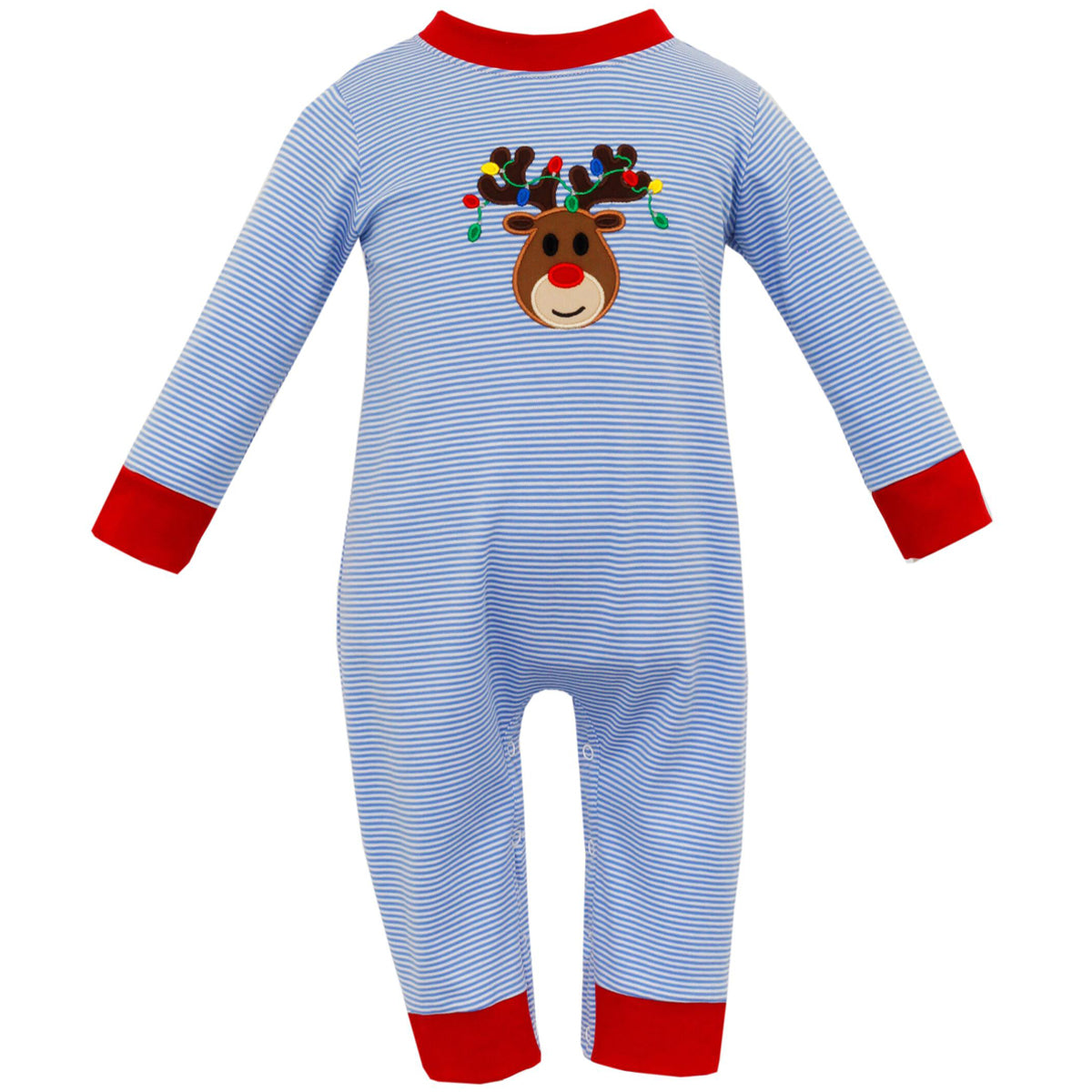 Boys Blue Stripe Knit Reindeer Long Romper