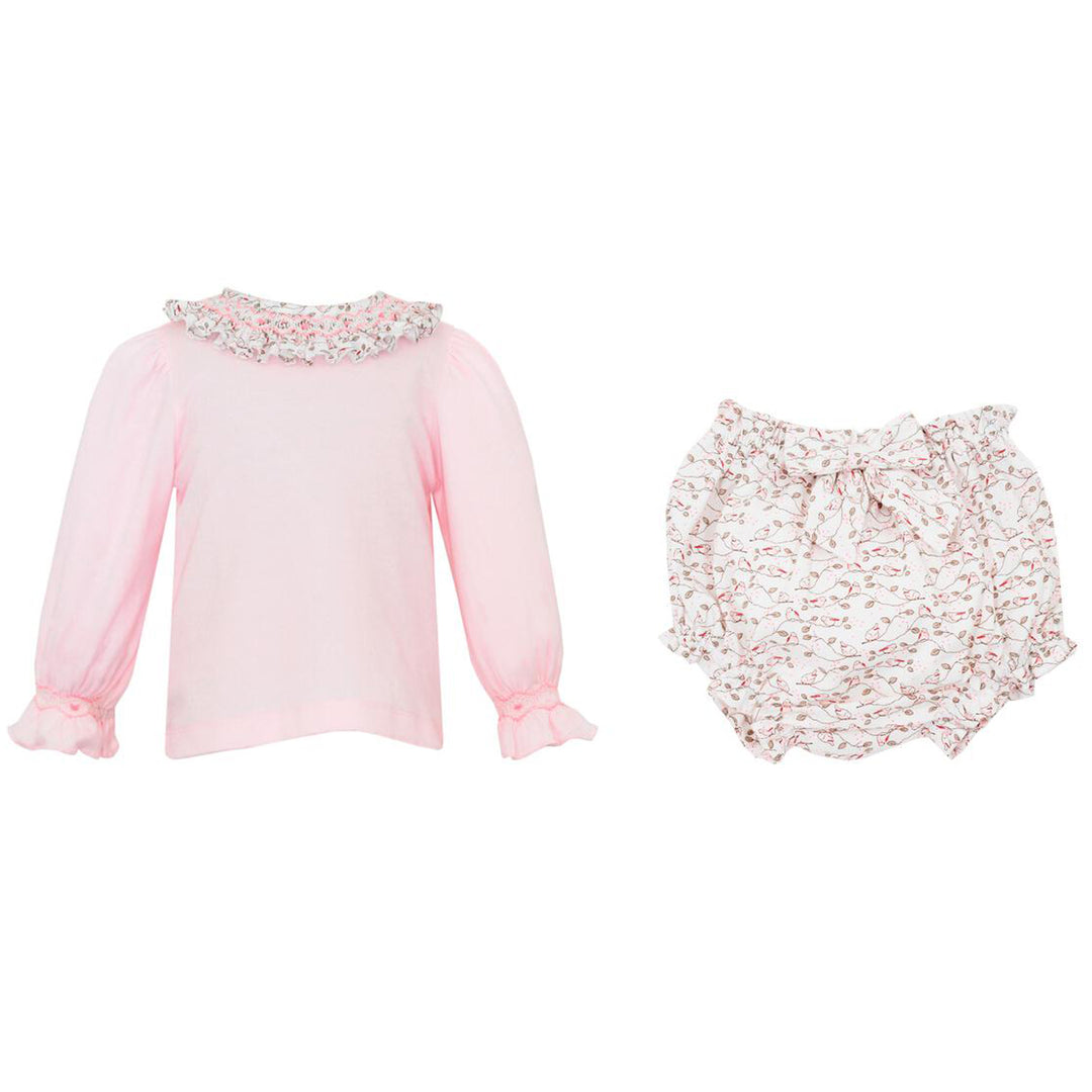 Pink Knit Top w/ Beige & Pink Bird Print Smocked Bloomers