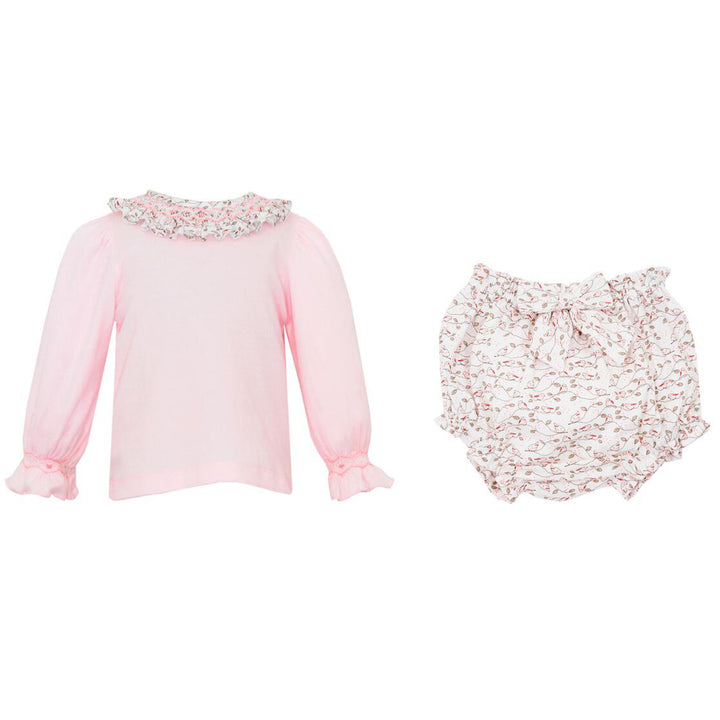 Pink Knit Top w/ Beige & Pink Bird Print Smocked Bloomers