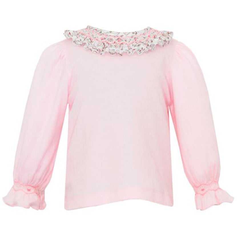 Pink Knit Top w/ Beige & Pink Bird Print Smocked Bloomers