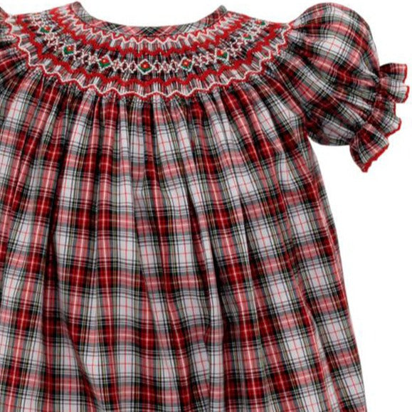Red & White Holiday Plaid Short Sleeve Long Bishop Bubble