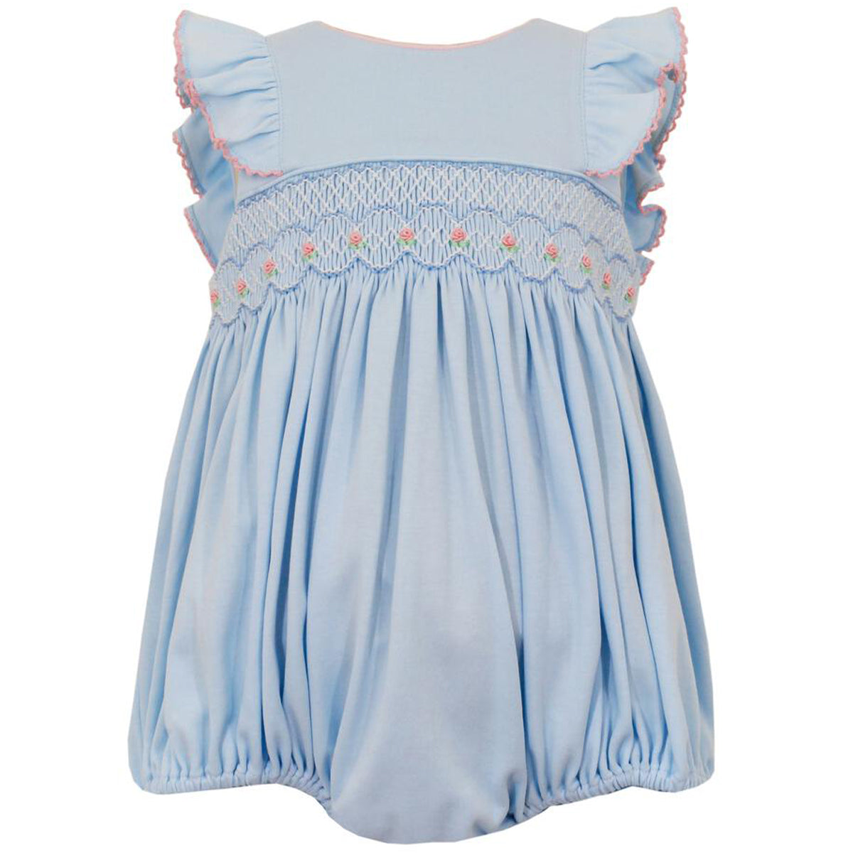 Lucia Light Blue Knit Smocked Bubble W/ Pink Rosettes