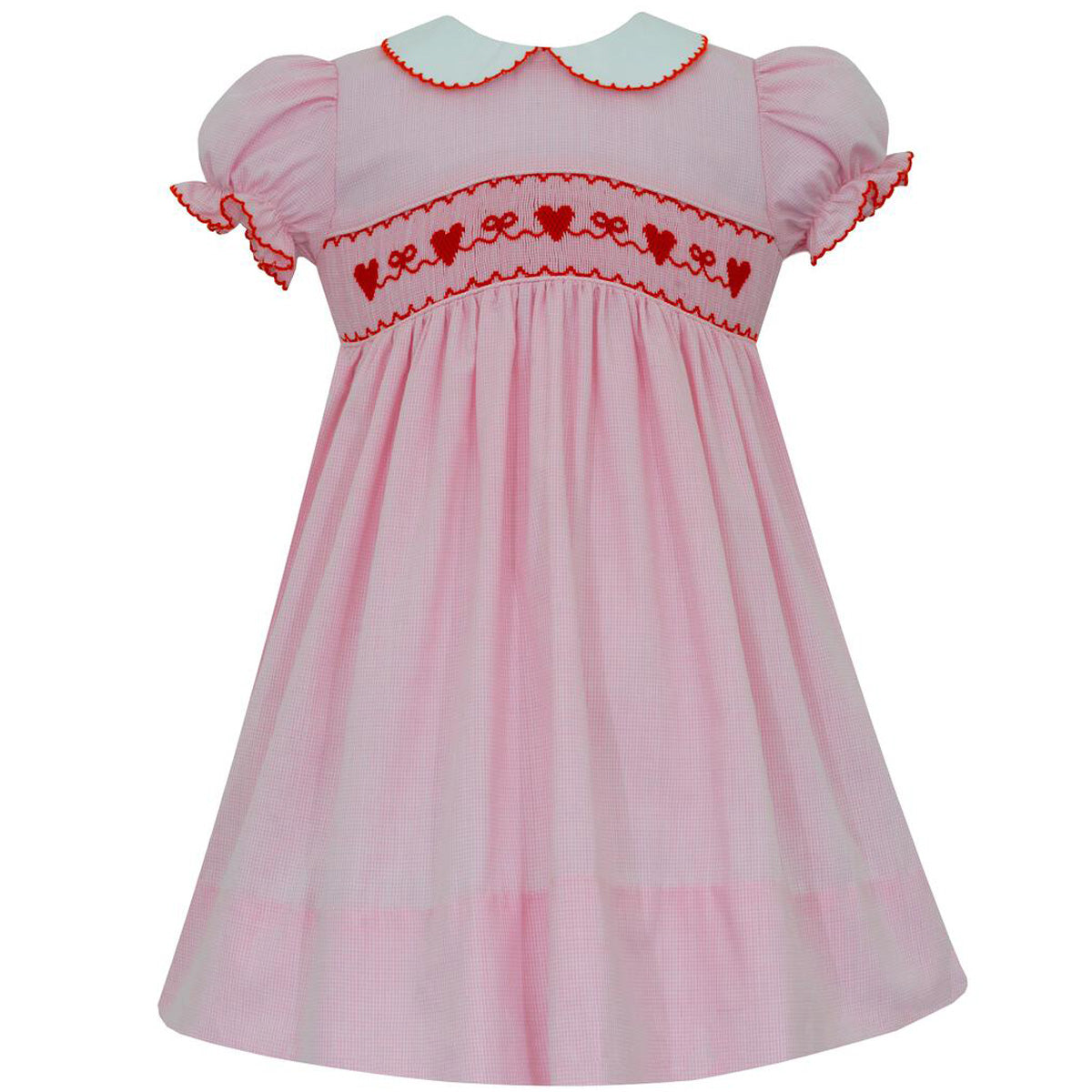 Smocked String of Hearts Pink Gingham Dress