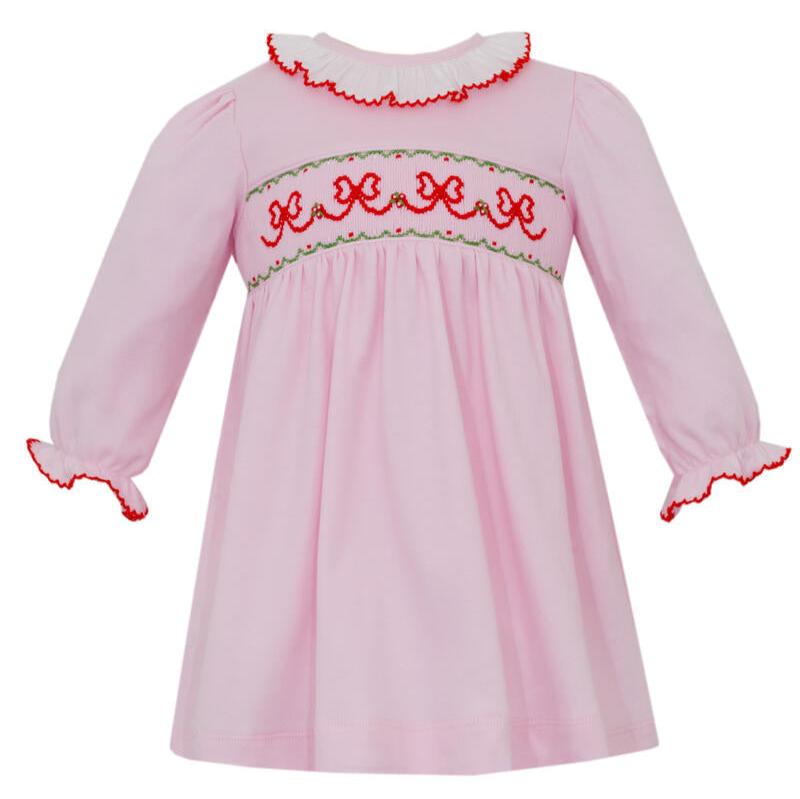 Pink Knit Red Holiday Bows Dress