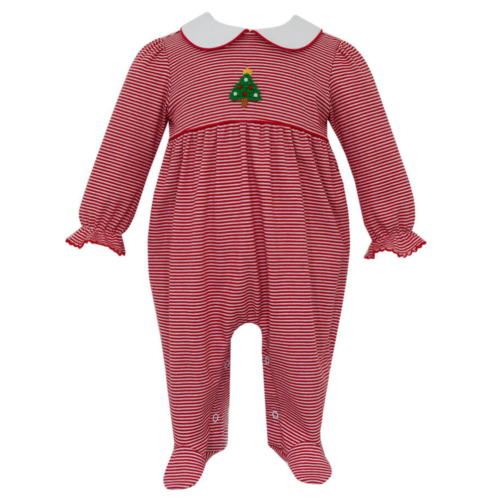 Girls Red Knit Stripe Christmas Tree Footie