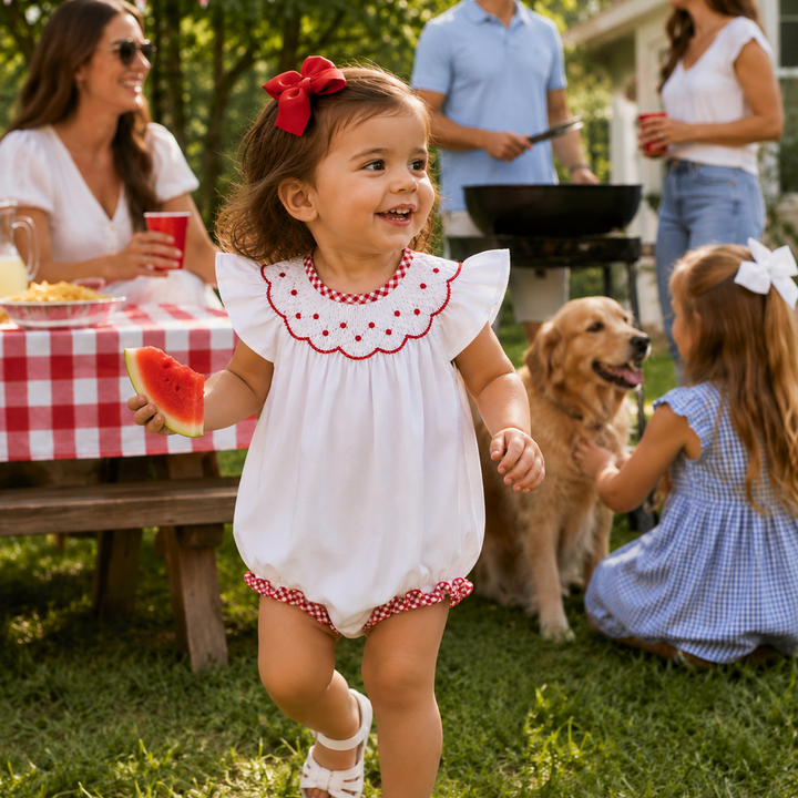 Red Gingham Trim Smocked Bubble