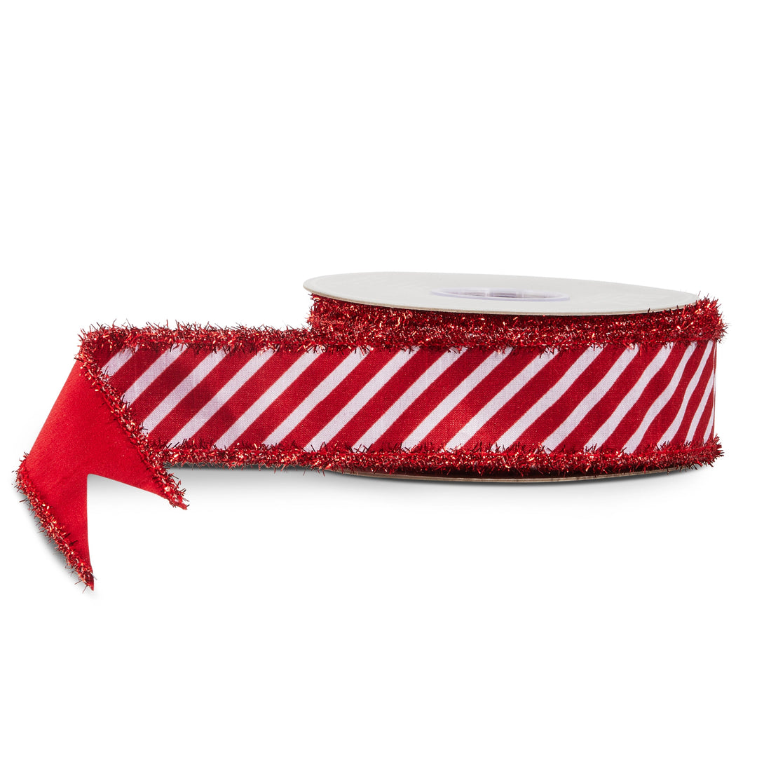 1.5-inch red peppermint stripe tinsel wired ribbon, 10-yard roll, featuring a festive red and white striped Christmas design with shimmering tinsel accents