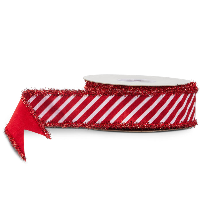 1.5-inch red peppermint stripe tinsel wired ribbon, 10-yard roll, featuring a festive red and white striped Christmas design with shimmering tinsel accents