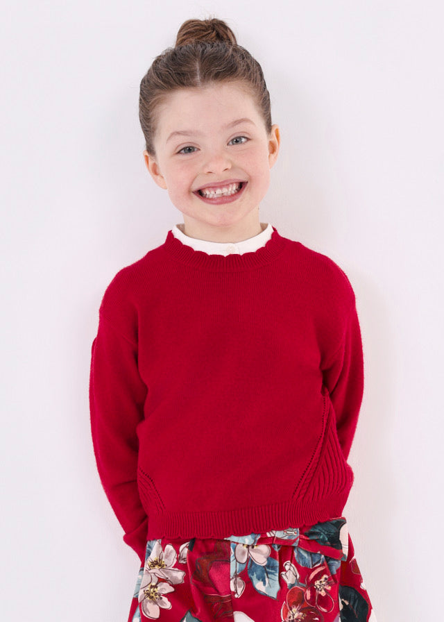 Girls Red Crewneck Knit Sweater