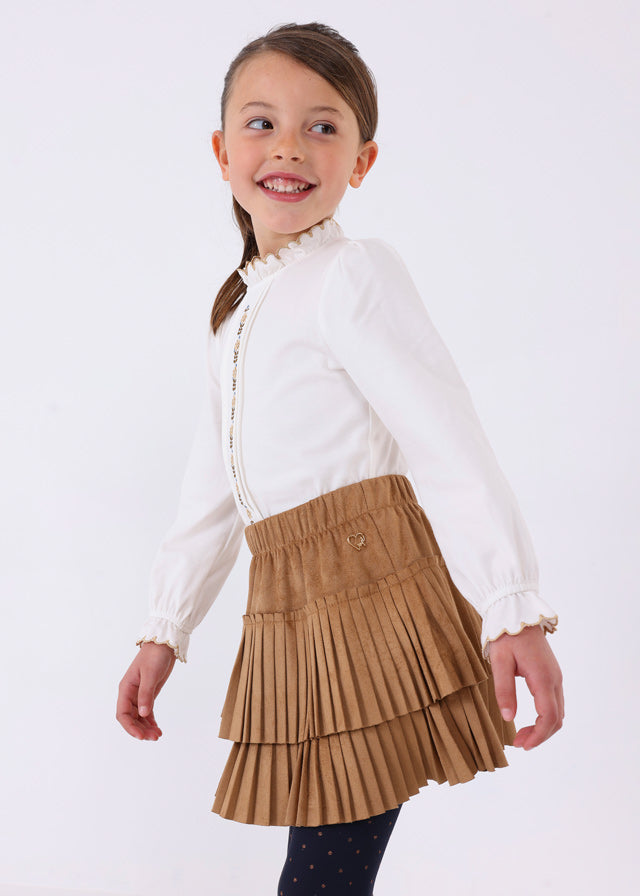 Brown Faux Suede Pleated Skirt