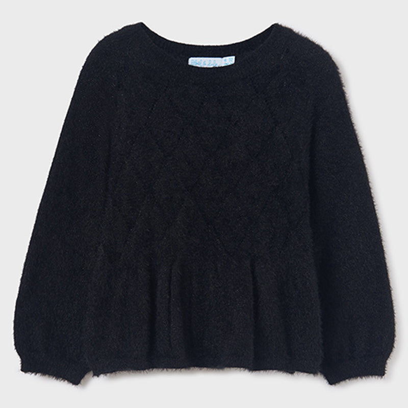 Black Shiny Openwork Faux Fur Sweater