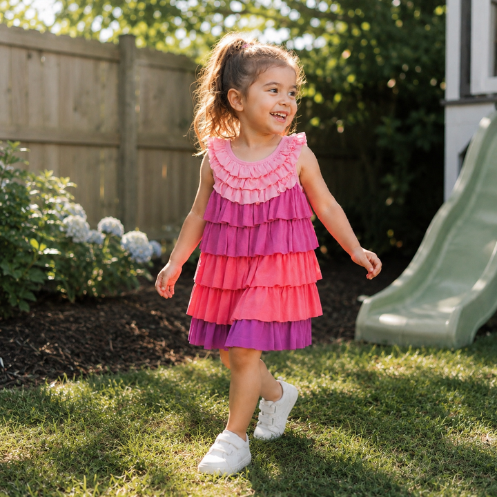 Pink Color Blocking Ruffle Dress