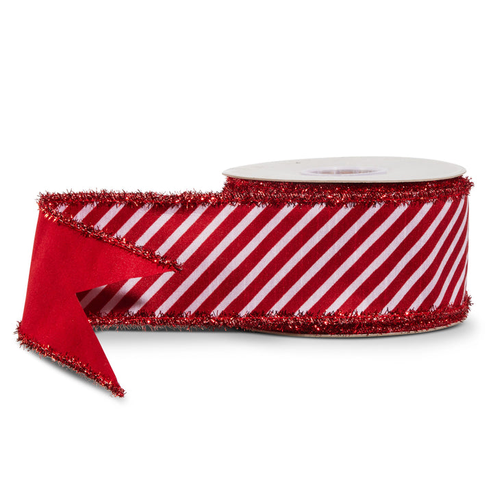 2.5-inch red peppermint stripe tinsel wired ribbon, 10-yard roll, featuring a festive red and white striped Christmas design with shimmering tinsel accents
