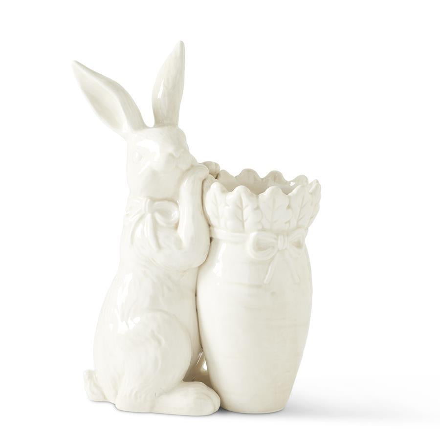 Antiqued White Dolomite Carrot Vase w/ Rabbit
