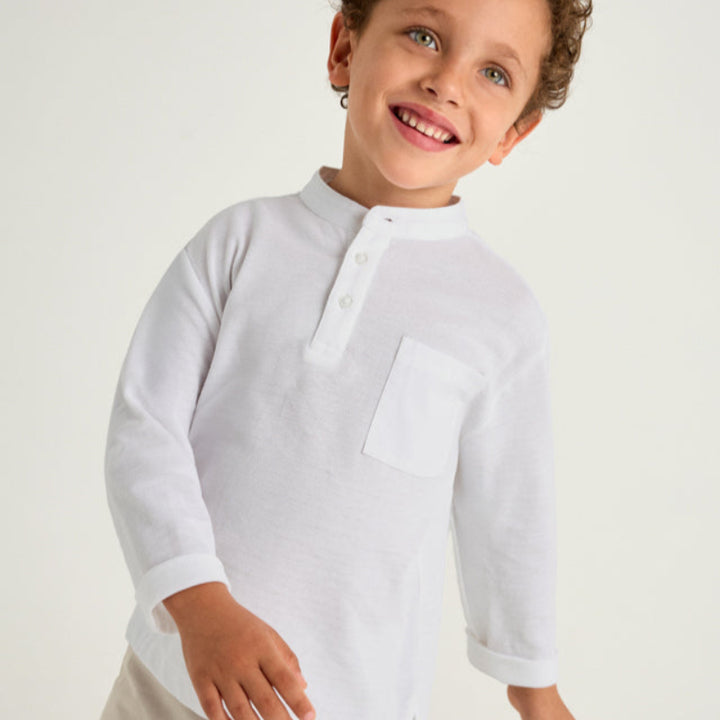 White Long Sleeve Mandarin Collar Henley Shirt