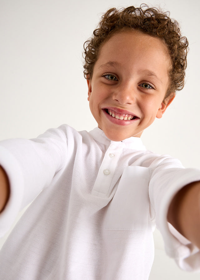 White Long Sleeve Mandarin Collar Henley Shirt