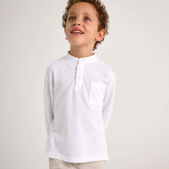 White Long Sleeve Mandarin Collar Henley Shirt