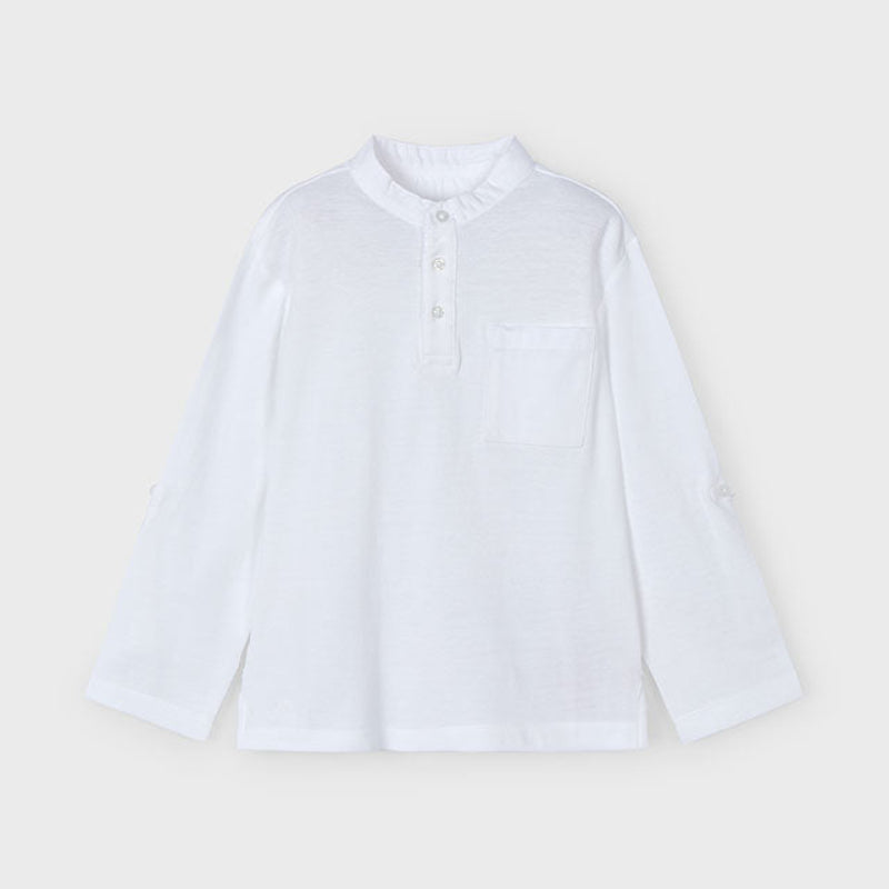 White Long Sleeve Mandarin Collar Henley Shirt