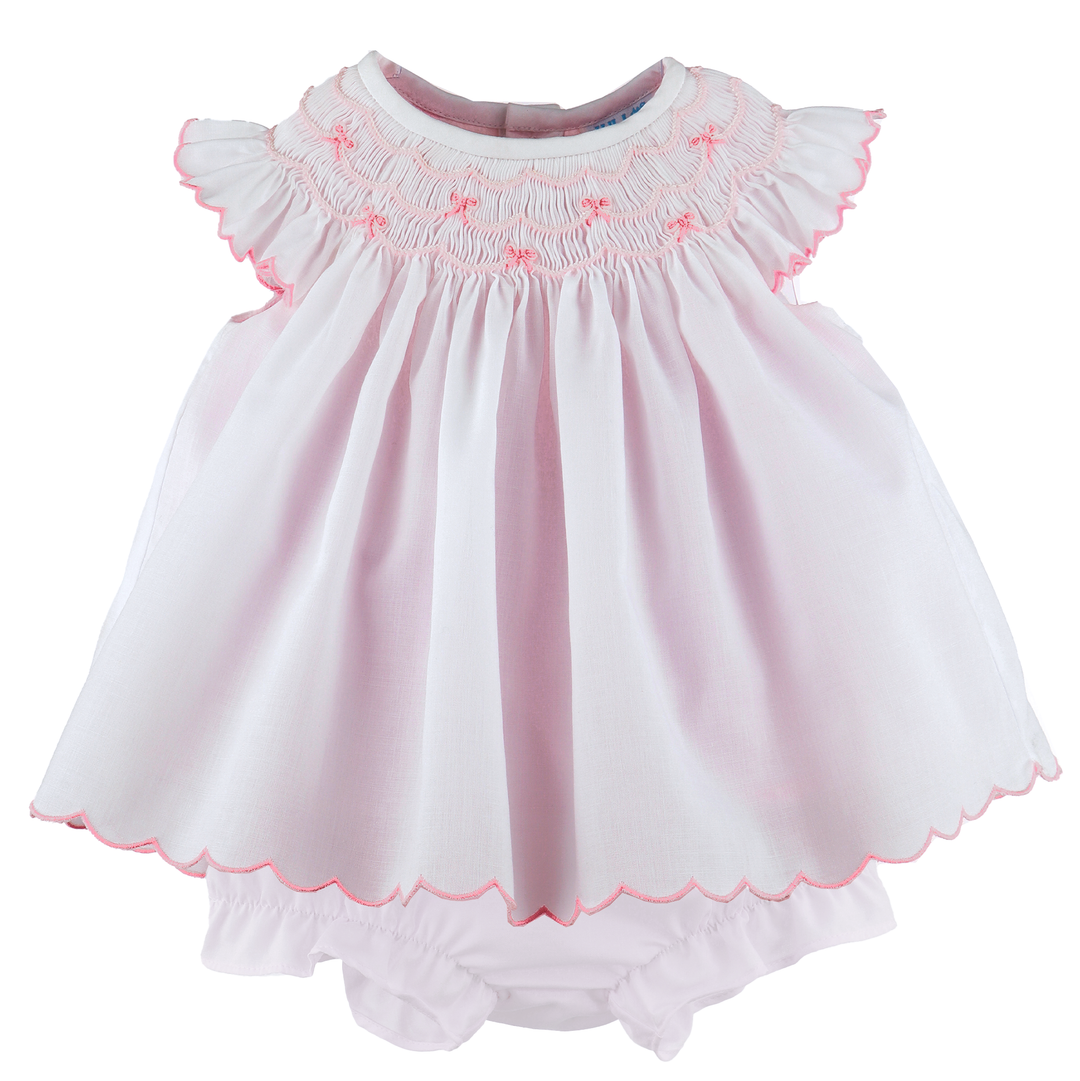 Pink & White Overlay Bishop Dress w/ Pink Smocked Bows