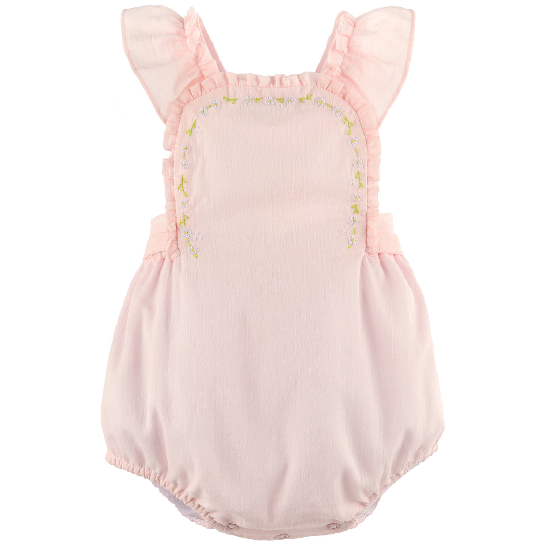 Pink With White Embroidered Daisy Chain Ruffle Sunsuit