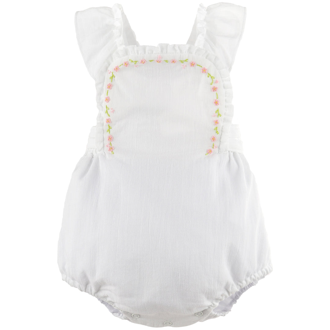 White With Pink Embroidered Daisy Chain Ruffle Sunsuit