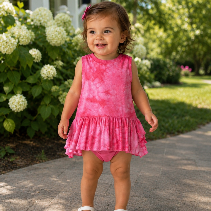 Strawberry Pink Tie-Dye Stretch Knit Dress w/ Bloomer