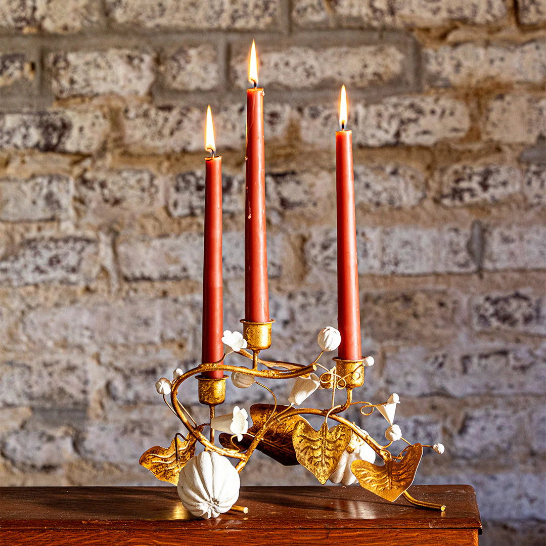 Forest Walk Pumpkin &amp; Vine Triple Candlestick Holder - Gold