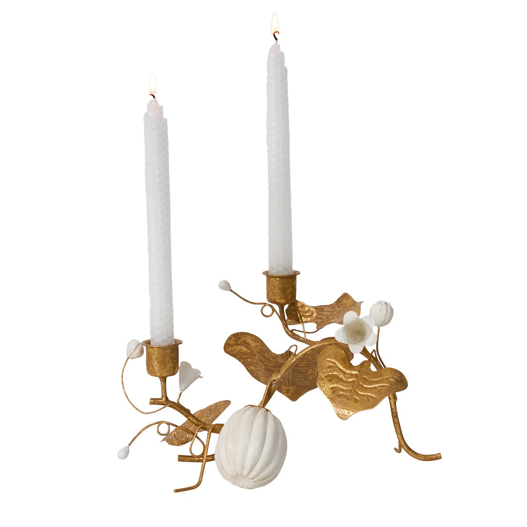 Forest Walk Pumpkin &amp; Vine Double Candlestick Holder - Gold