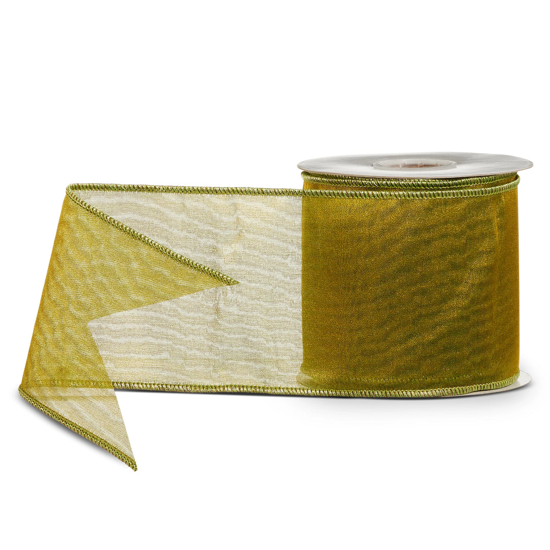 4-inch green sheer wired ribbon on a 10-yard roll, featuring a lightweight translucent design for Christmas trees, wreaths, garlands, gift wrapping, and holiday decorating.