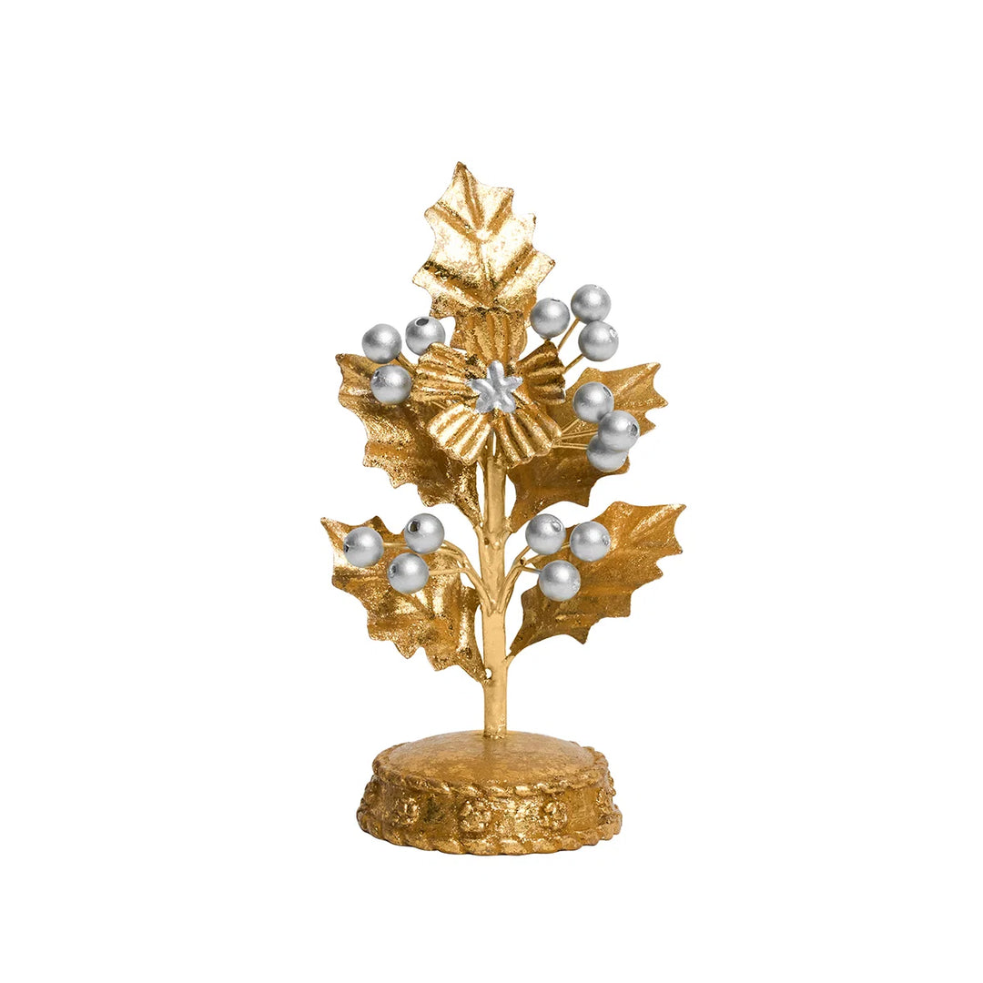 Gold holly and silver berry place card holders styled on an elegant holiday tablescape with white dinnerware, gold accents, candles, and festive décor.