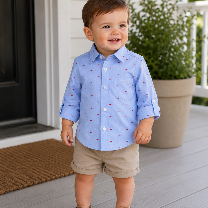 Blue Fish Print Long Sleeve Button Up