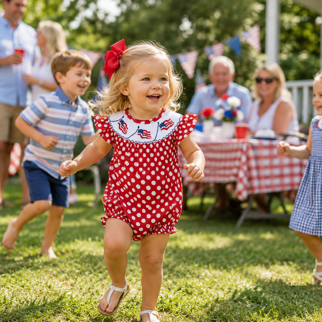 Red & White Polka Dot Smocked Bishop Flag Romper