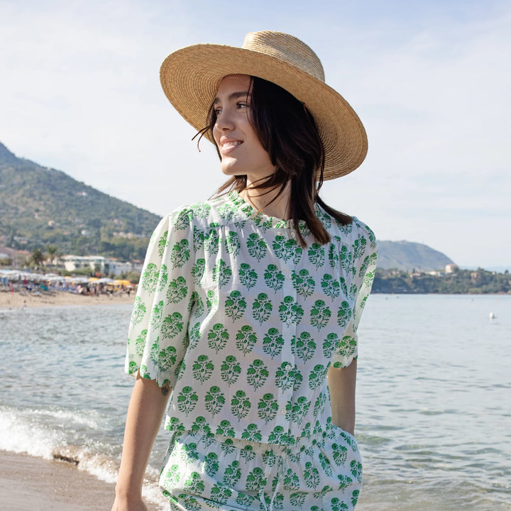 Womens Misha Scallop Top - Green Strawflower