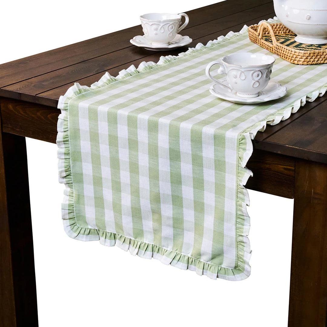 Gingham Ruffle 18" x 90" Table Runner - Seagrass