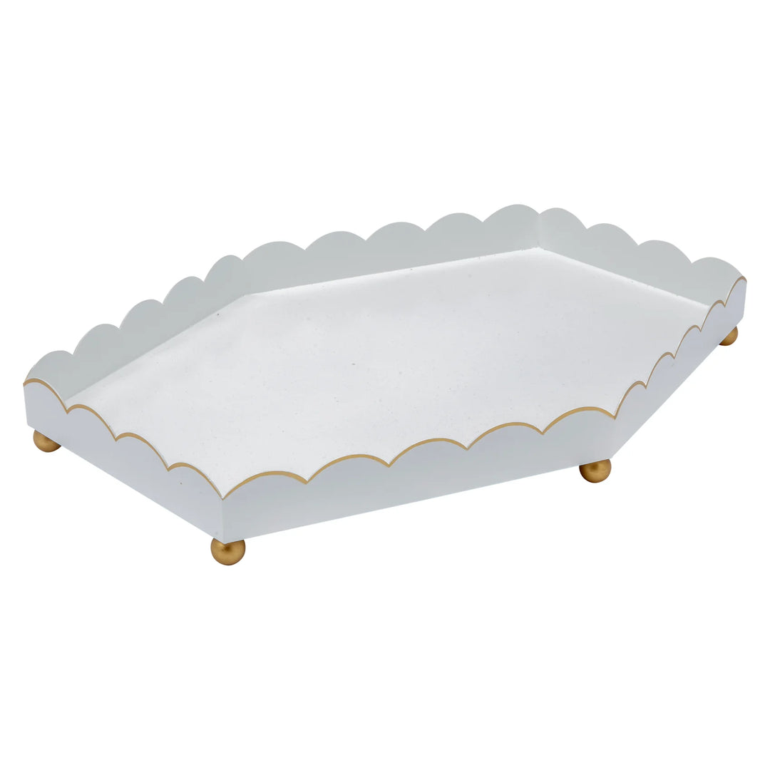 Large Six Sided Eloise Gloss White and Gold Scalloped Metal Tray