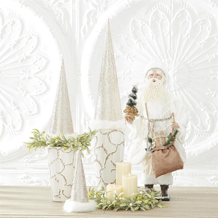 Beaded Gold Glittered Cone Trees With Fur - Set of 3