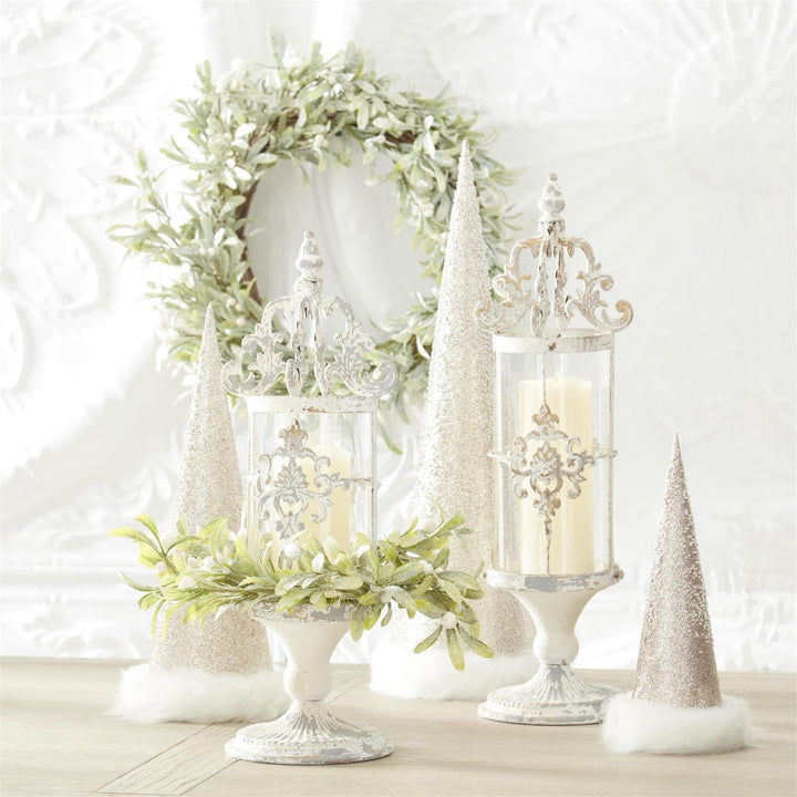 Beaded Gold Glittered Cone Trees With Fur - Set of 3