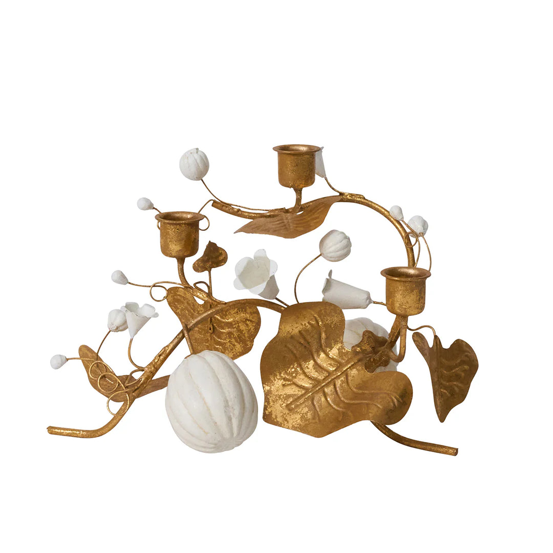 Forest Walk Pumpkin &amp; Vine Triple Candlestick Holder - Gold