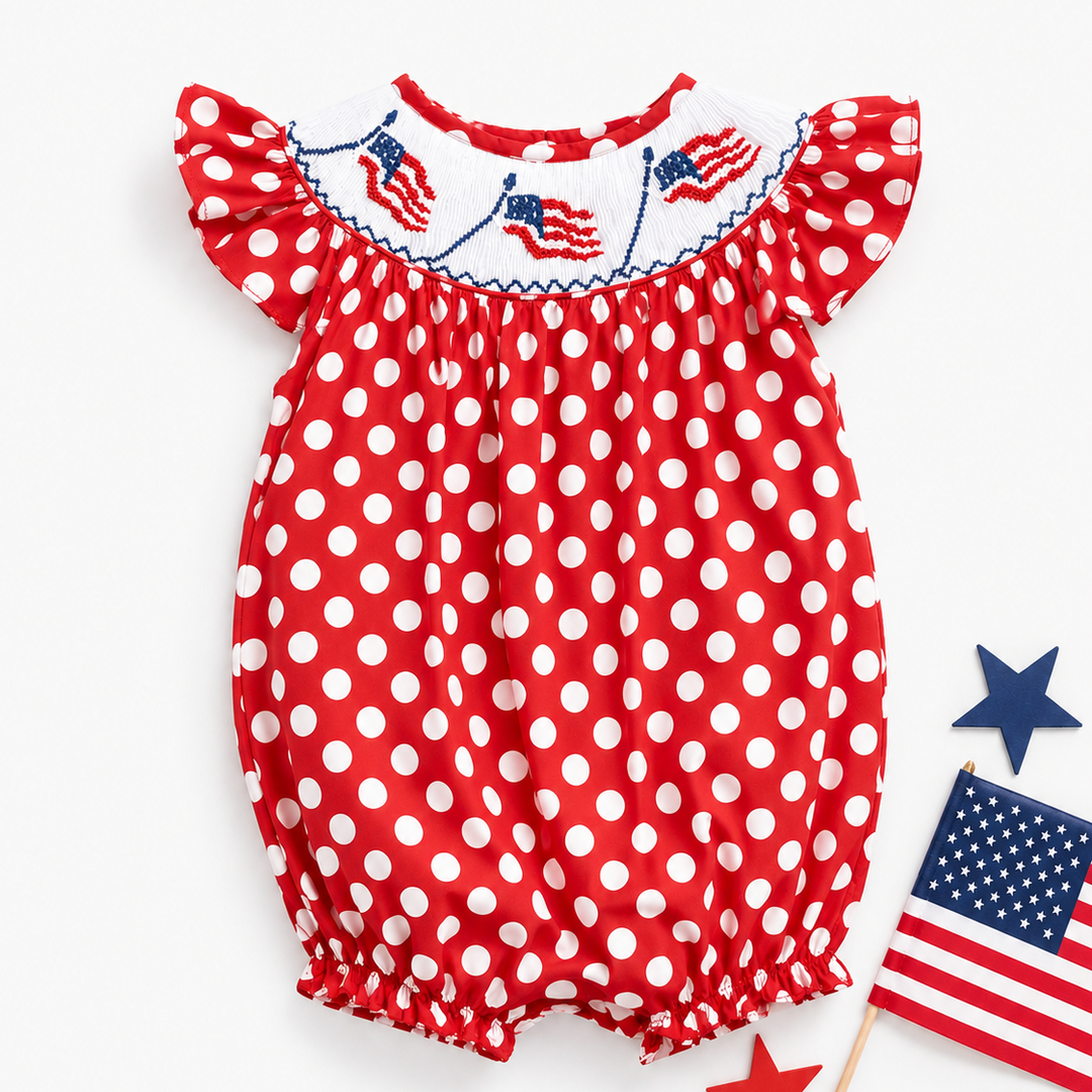 Red & White Polka Dot Smocked Bishop Flag Romper