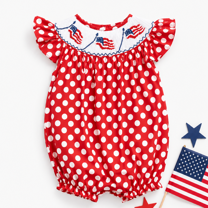 Red & White Polka Dot Smocked Bishop Flag Romper