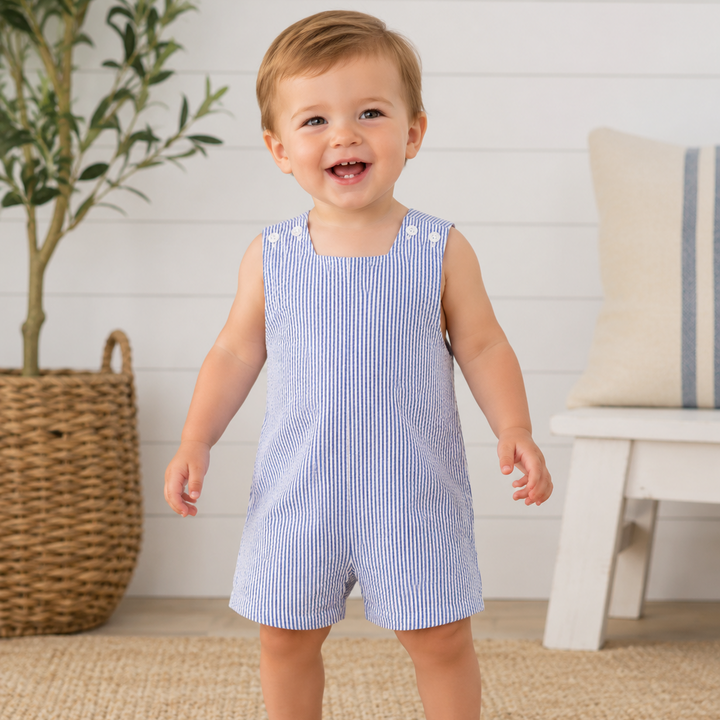 Navy Stripe Seersucker Short John John
